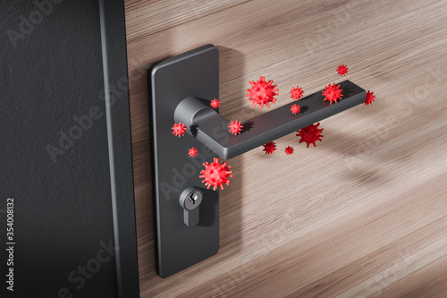 Wooden door handle with coronavirus, side view