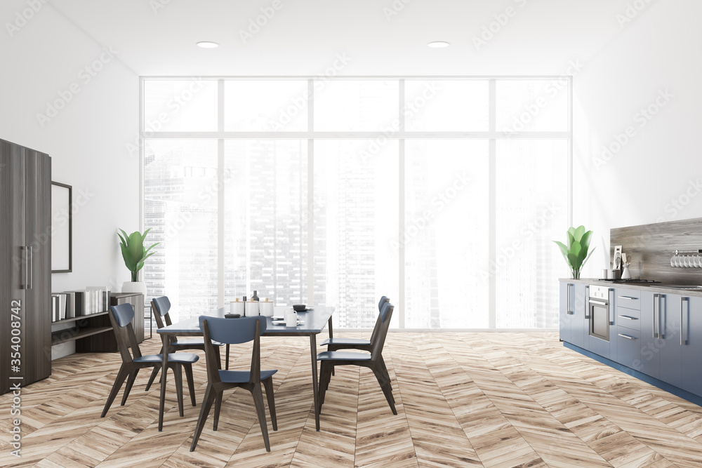 Fototapeta premium White kitchen with blue countertops and table