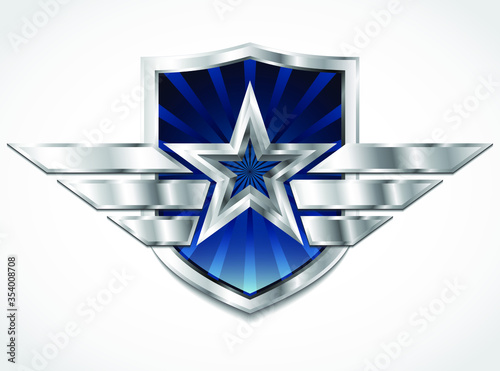 glossy blue shield metal heraldry with winged star symbol