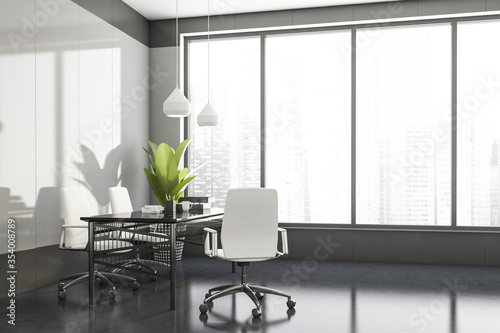 White and grey panoramic CEO office corner