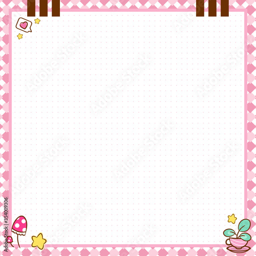 Vector printing paper note with dotted sheet (bullet journal style). Design for square notebook, diary, letters, planners, notes. Kawaii plant in teacup on cute pink background, stars