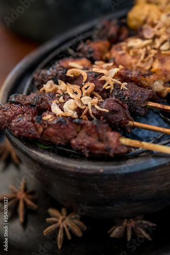 Meat skewers in a herb marinade on a grill pan. Meat kebab © Space_Cat