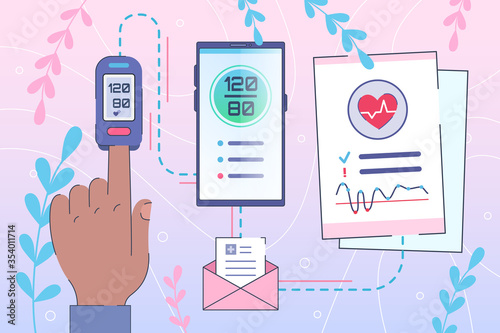 Heart diseases - Healthcare Concept. Blood pressure control by smartphone. Online diagnosis for Hypertension patients at home. Telemedicine app - Remote share test results with your doctor