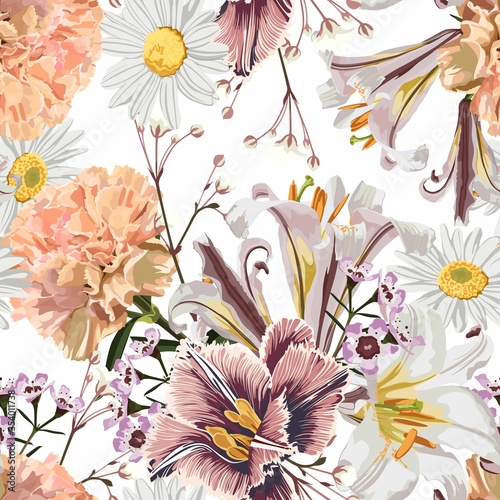 Vintage luxury seamless pattern with detailed hand drawn flowers - blooming lilies, daisy, beige carnation and herbs.