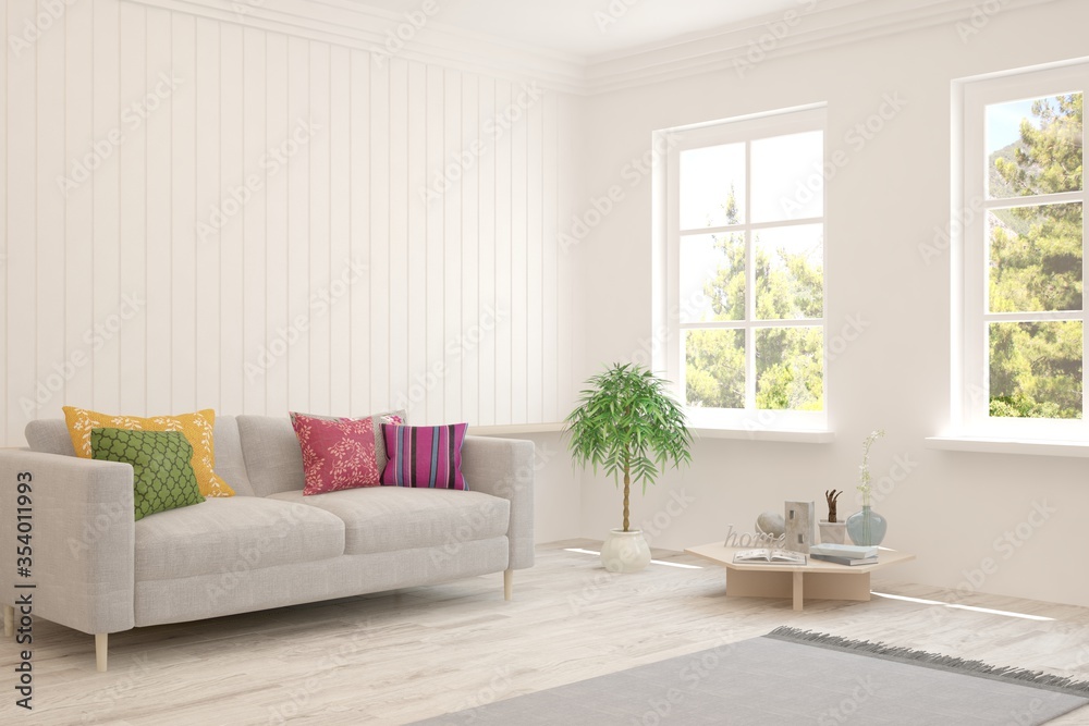 White living room with sofa and summer landscape in window. Scandinavian interior design. 3D illustration White living room with sofa and summer landscape in window. Scandinavian interior design. 3D illustration