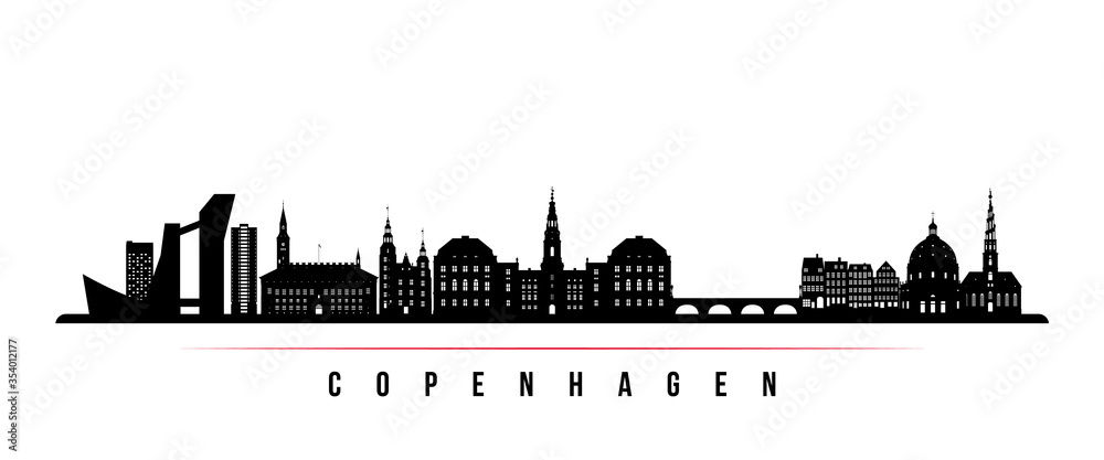 Copenhagen skyline horizontal banner. Black and white silhouette of Copenhagen, Denmark. Vector template for your design.