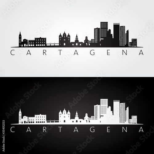 Cartagena skyline and landmarks silhouette, black and white design, vector illustration.