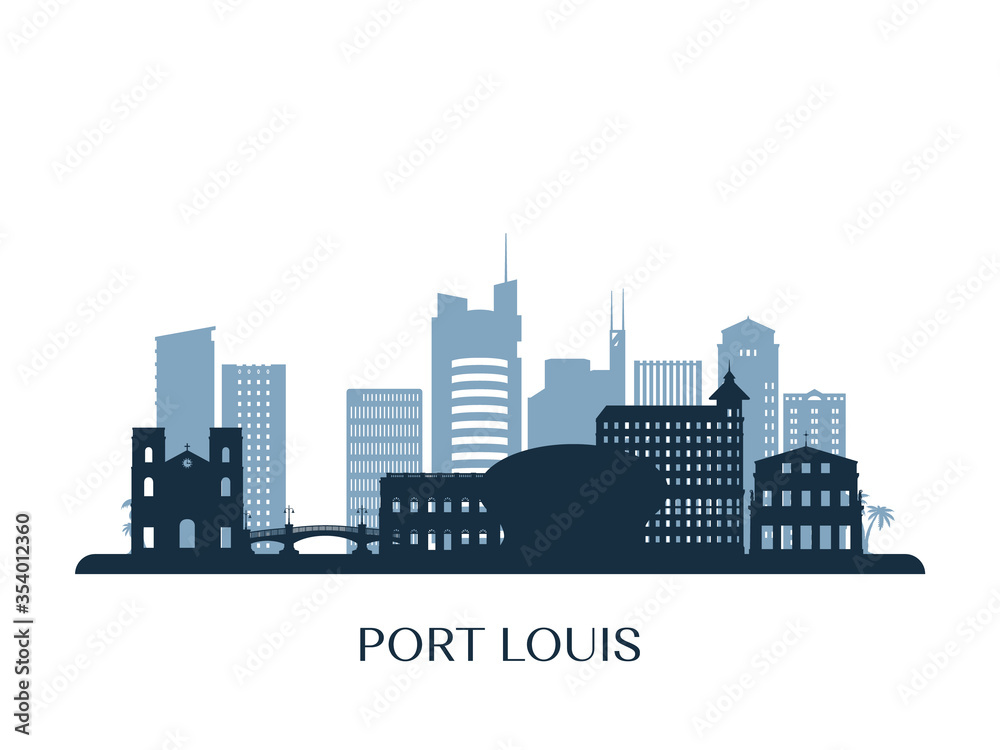 Port Louis skyline, monochrome silhouette. Vector illustration.