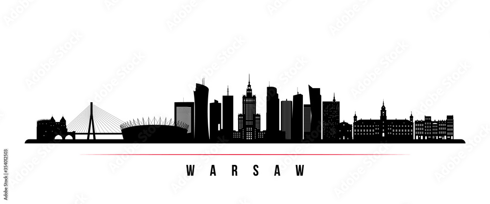 Naklejka premium Panoramę Warszawy poziomy baner. Czarno-biała sylwetka Warszawy, Polska. Szablon wektor dla swojego projektu.