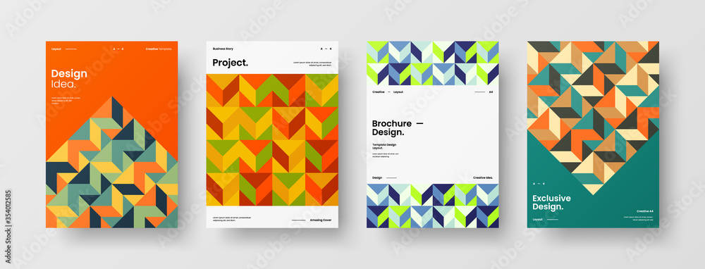 Fototapeta premium Company identity brochure template collection. Business presentation vector A4 vertical orientation front page mock up set. Corporate report cover abstract geometric illustration design layout bundle.