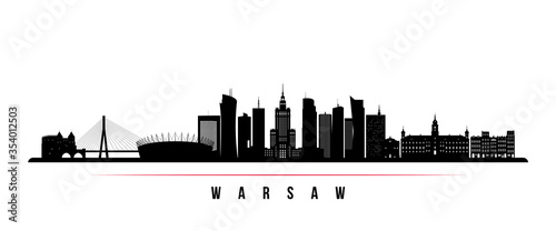 Warsaw skyline horizontal banner. Black and white silhouette of Warsaw, Poland. Vector template for your design.