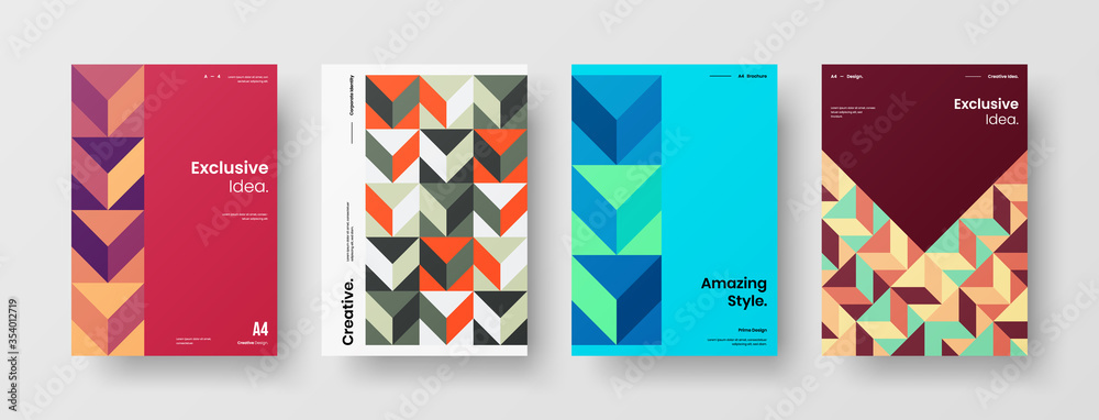 Company identity brochure template collection. Business presentation vector A4 vertical orientation front page mock up set. Corporate report cover abstract geometric illustration design layout bundle.