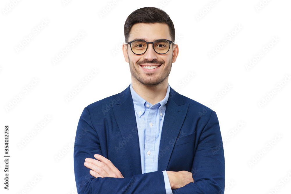 Closeup of business guy wearing glasses, dressed in jacket and shirt, looking at camera with confidence, feeling relaxed and positive, isolated on white background Closeup of business guy wearing glasses, dressed in jacket and shirt, looking at camera with confidence, feeling relaxed and positive, isolated on white background