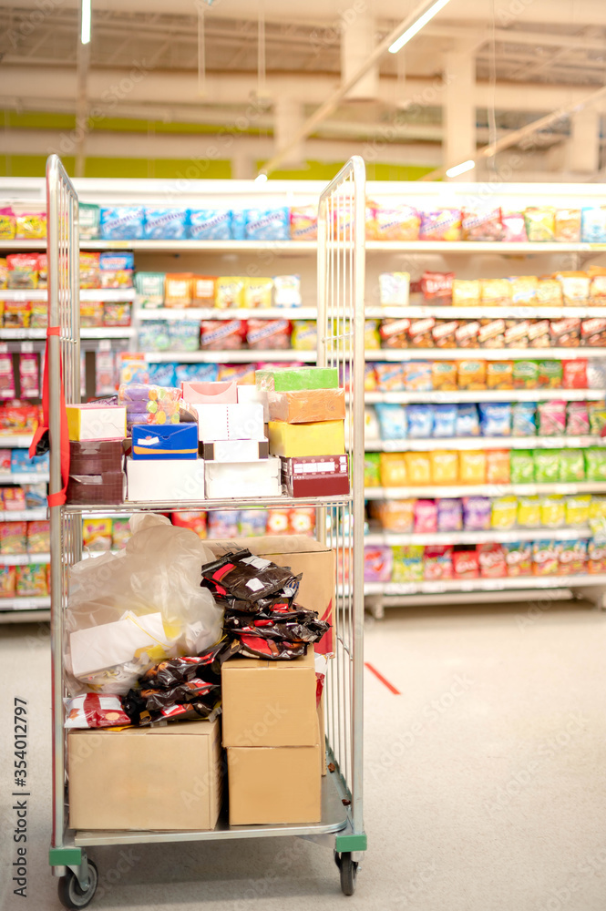 The goods of food and beverage at the supermarket shelf aisle prepare to shopper buy to hoarding for use in everyday in house. The goods of food and beverage at the supermarket shelf aisle prepare to shopper buy to hoarding for use in everyday in house.