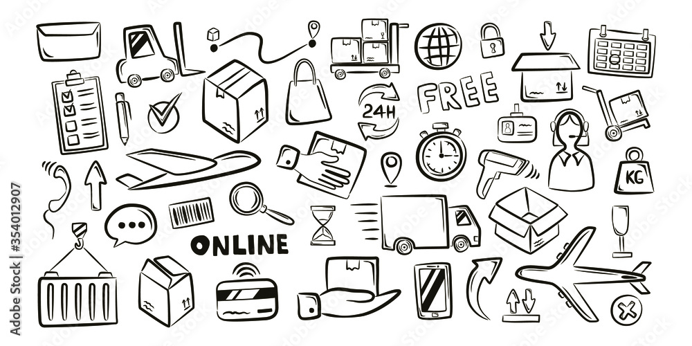 Logistic shipping freight service supply hand drawn doodle icons set isolated vector illustration on white background Logistic shipping freight service supply hand drawn doodle icons set isolated vector illustration on white background