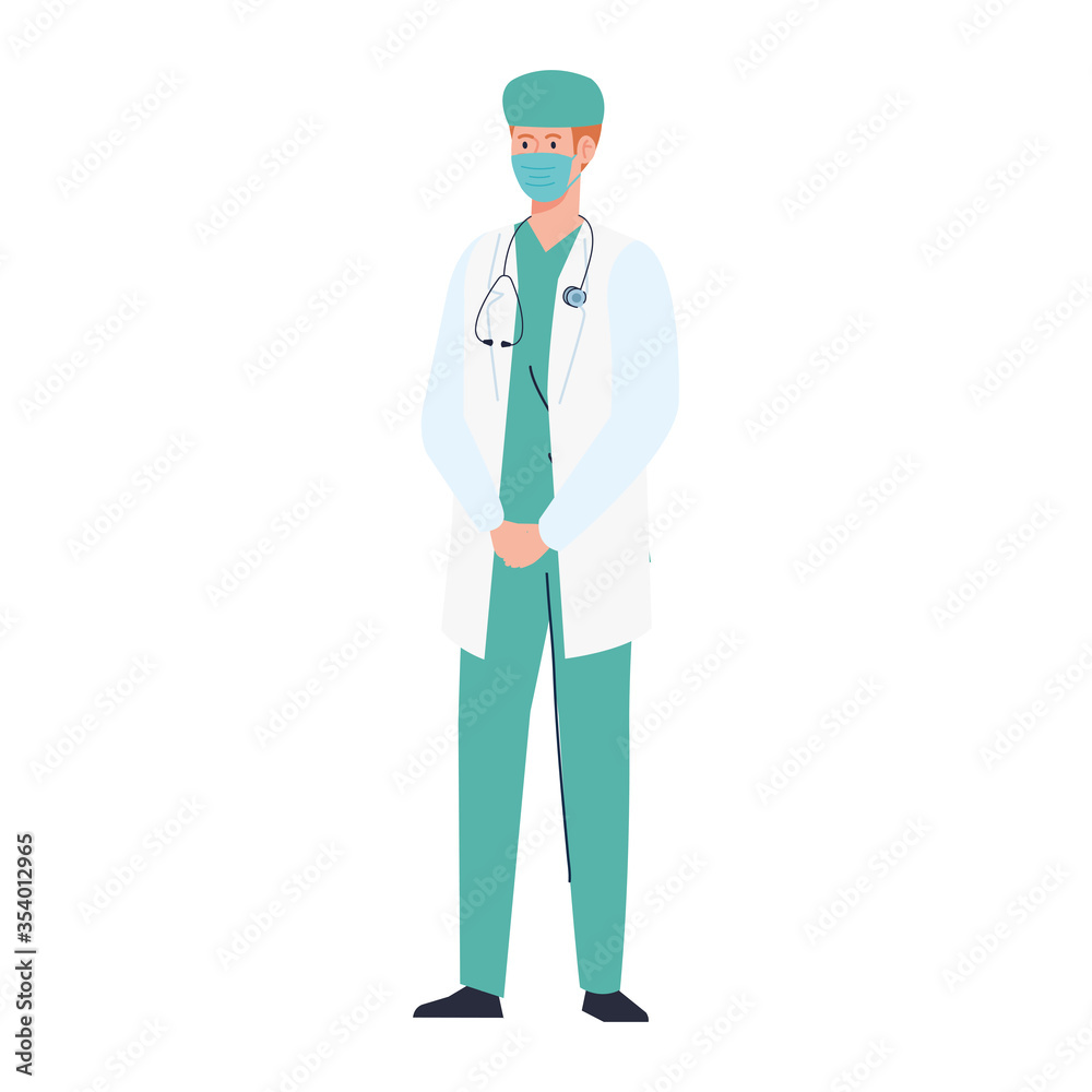 doctor using face mask during covid 19 on white background vector illustration design doctor using face mask during covid 19 on white background vector illustration design