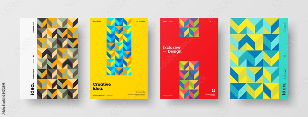 Obraz premium Company identity brochure template collection. Business presentation vector A4 vertical orientation front page mock up set. Corporate report cover abstract geometric illustration design layout bundle.