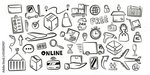 Logistic shipping freight service supply hand drawn doodle icons set isolated vector illustration on white background