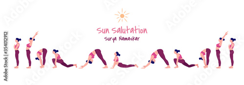 Vector illustration set of yoga exercise Sun Salutation   Surya Namaskar. slim women in different yoga positions  Woman yoga workout fitness  Vector illustration set.