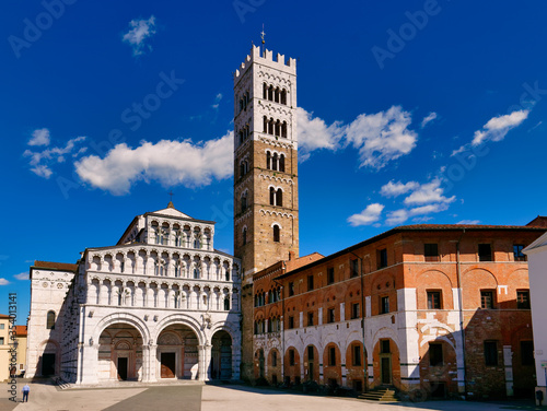 Facade and bell tower of the Cathedral of Lucca Tuscany Italy