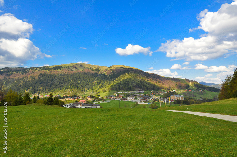 Tatra mountain landscape with a blue sky.