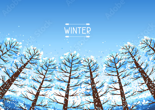 Winter forest background with stylized trees.