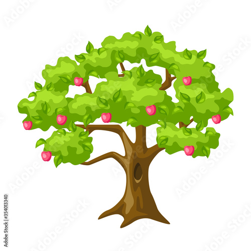Summer tree with apples and leaves. Seasonal illustration.