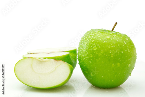 Isolated half cut and full body of green apple on white background, wet apple clipping path