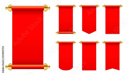 Red paper scroll in set vector illustration isolated on white background