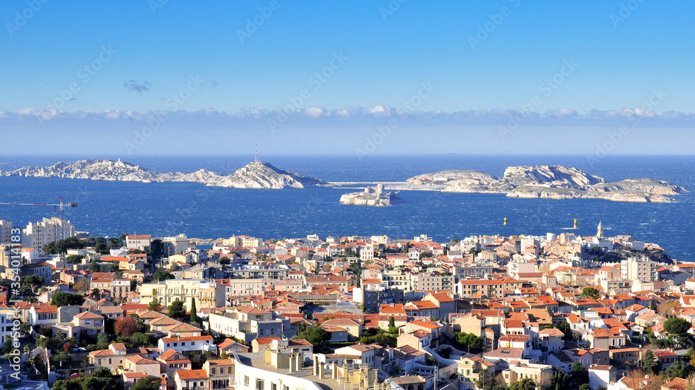 View of Marseille city and If Castel from the top. 
