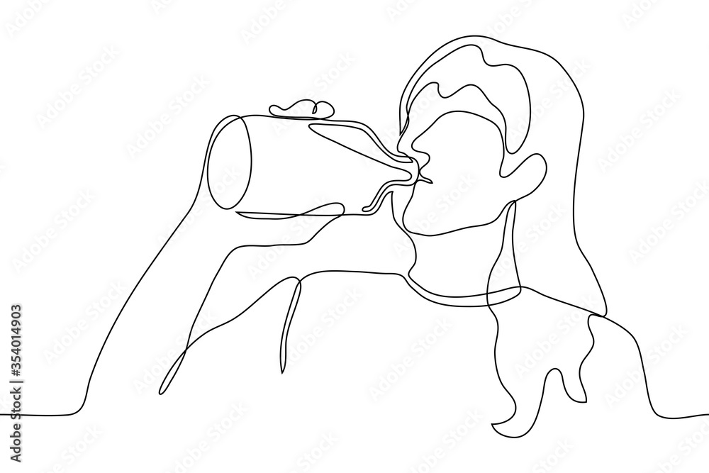 A woman with long hair drinks a drink (water, alcohol) directly from the bottle. One continuous line drawing of a woman alcoholic drinking alcohol.Can be used for animation. A woman with long hair drinks a drink (water, alcohol) directly from the bottle. One continuous line drawing of a woman alcoholic drinking alcohol.Can be used for animation.