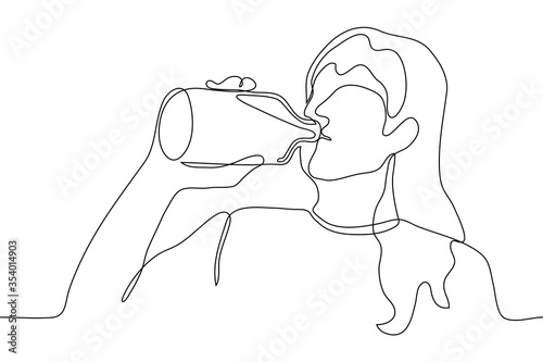 A woman with long hair drinks a drink (water, alcohol) directly from the bottle. One continuous line drawing of a woman alcoholic drinking alcohol.Can be used for animation.