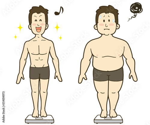 体重計に乗る男性のイラスト素材。ダイエットで減量前と減量後の比較