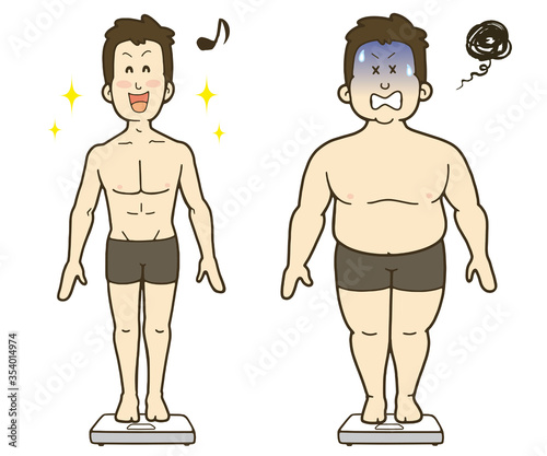 体重計に乗る男性のイラスト素材。ダイエットで減量前と減量後の比較。