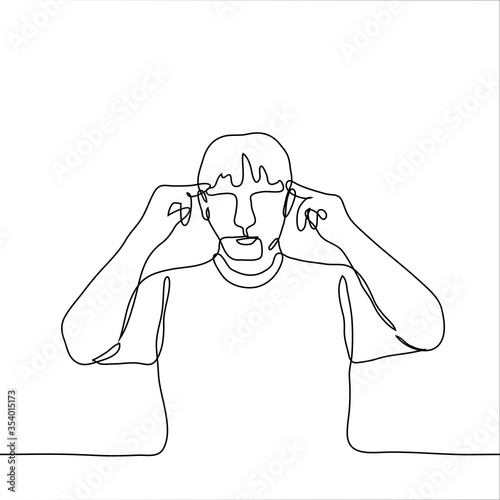 The man put his index fingers to his temples. One continuous line drawing the concept of intense brain activity, creating an idea, mental concentration, giving ideas, the inclusion of creativity