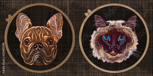 Cat and dog. Funny animals. Embroidery collection. Fashion template tambour frame with a canvas, elements from stitches. Art for clothes, textile