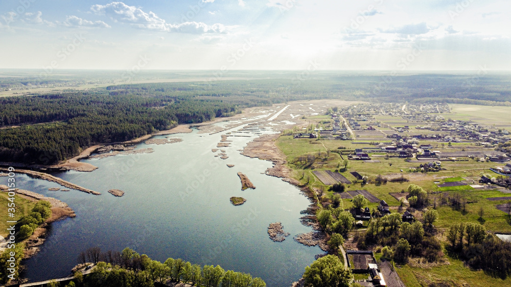 Obraz premium View from the castle to the lake and the river. Ukraine