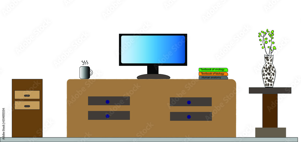 computer placed on wooden table along with cup of tea and books showing concept of online education with white background.