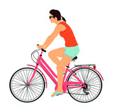 Girl riding bicycle vector illustration isolated on white background. Woman outdoor enjoying in bike driving. Elegant lady driving electric bicycle. Mother go to shopping market.