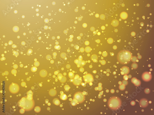 Abstract colorful bokeh and glowing spakling shining particles in random gold color theme background. Lighting effects of flash. Blurred vector background with light glare,