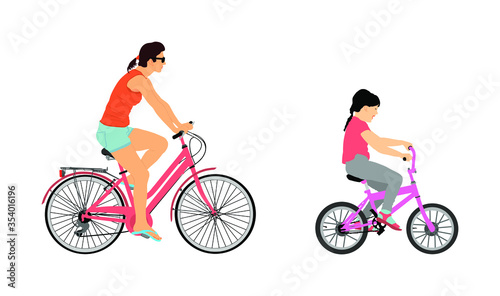Happy family riding bicycle together, vector illustration. Little girl riding bicycle with mother. Mom with daughter outdoor enjoying in bike driving. Biker family. Electric bike.