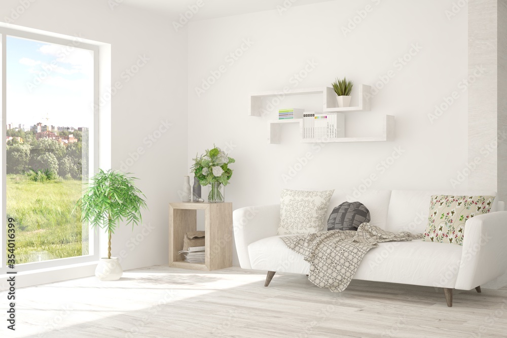 White living room with sofa and summer landscape in window. Scandinavian interior design. 3D illustration White living room with sofa and summer landscape in window. Scandinavian interior design. 3D illustration