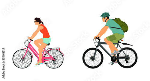 Happy couple in love riding bicycle vector illustration isolated on white background. Outdoor after work relaxing in nature. Boy and girl on date. Woman and man with backpack and helmet enjoy in drive