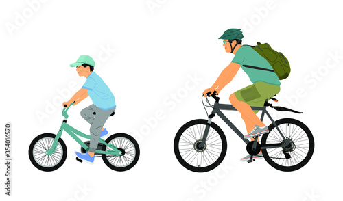Happy family riding bicycle together, vector illustration. Little boy riding bicycle with father. Dad and son kid outdoor enjoying in bike driving. Biker family. Electric bike.