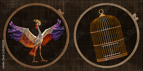 Japanese crane birds and golden cage. Embroidery collection. Fashion template tambour frame with a canvas, elements from stitches. Art for clothes, textile