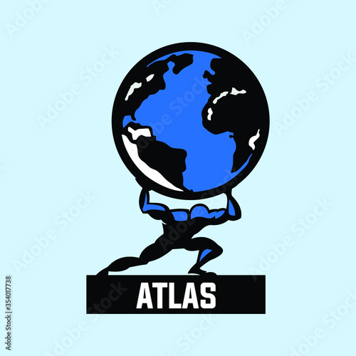 ATLAS, strong man holding the earth, logotype, vector illustrations