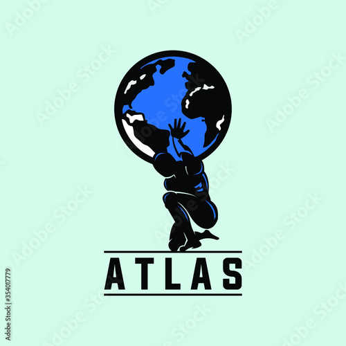 ATLAS, strong man and the globe, logotype, vector illustrations