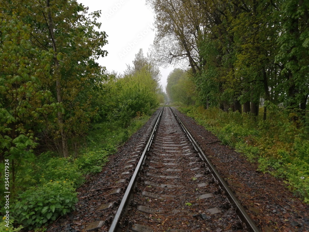 Fototapeta premium sleepers rails railroad linear perspectives bottom view stones rubble trees