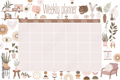 Objects for a cozy sweet home. home flowers and plants. minimalism, primitivism, abstraction. vector graphics, print, trend, Weekly glider, monthly. planning events, goals and objectives. print