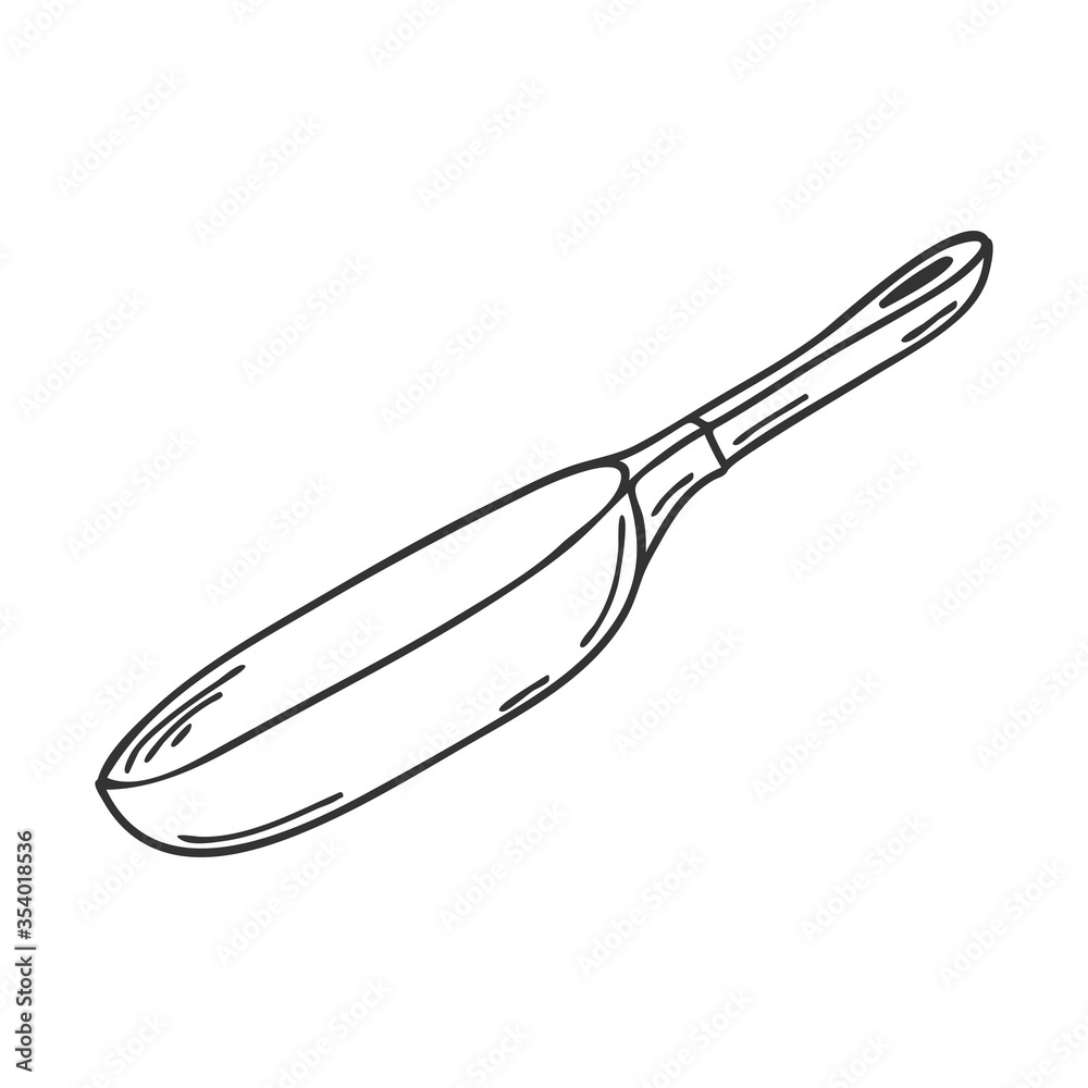 Frying pan with handle. Kitchen accessories, cooking utensils. For frying food. Design element for menu design and recipes. An illustration drawn by hand and isolated on white. Black-white vector Frying pan with handle. Kitchen accessories, cooking utensils. For frying food. Design element for menu design and recipes. An illustration drawn by hand and isolated on white. Black-white vector